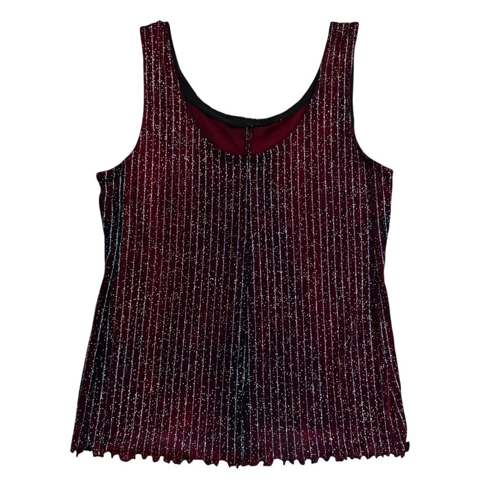Vintage Y2K Burgundy Red Glitter Stripe Tank Top Lettuce Hem Scoop Neck Large